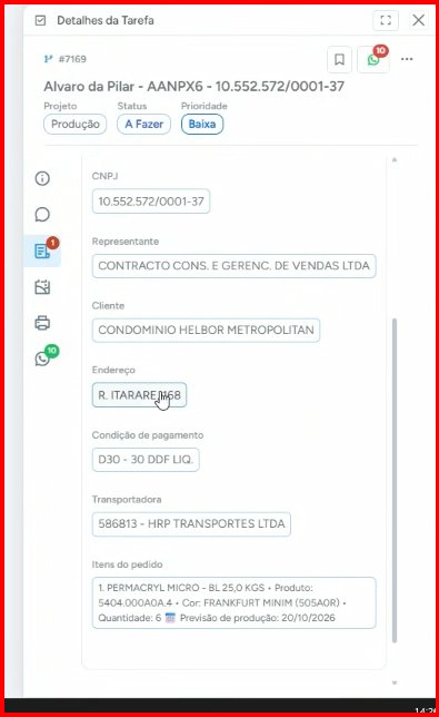 Aba Formulários com os dados do pedido