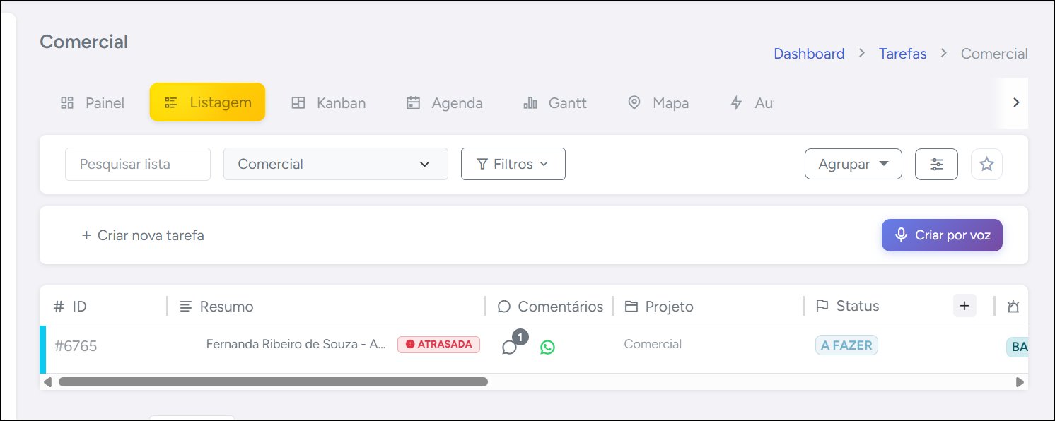 Listagem com a tarefa atrasada em destaque